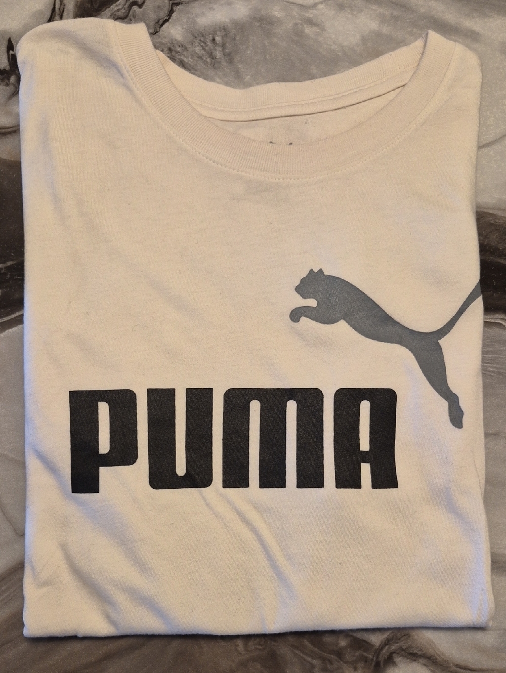 Puma White Tee with Black Logo and Gray Cat Graphic